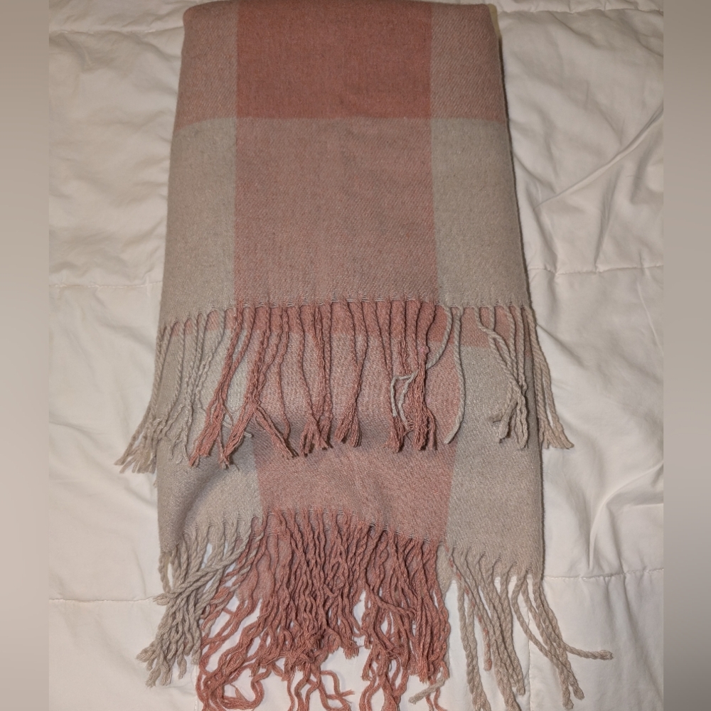 🩷Blush & Cream Plaid Shawl, Poncho, Extra-Wide Scarf, Wrap, Blanket - Picture 3 of 8